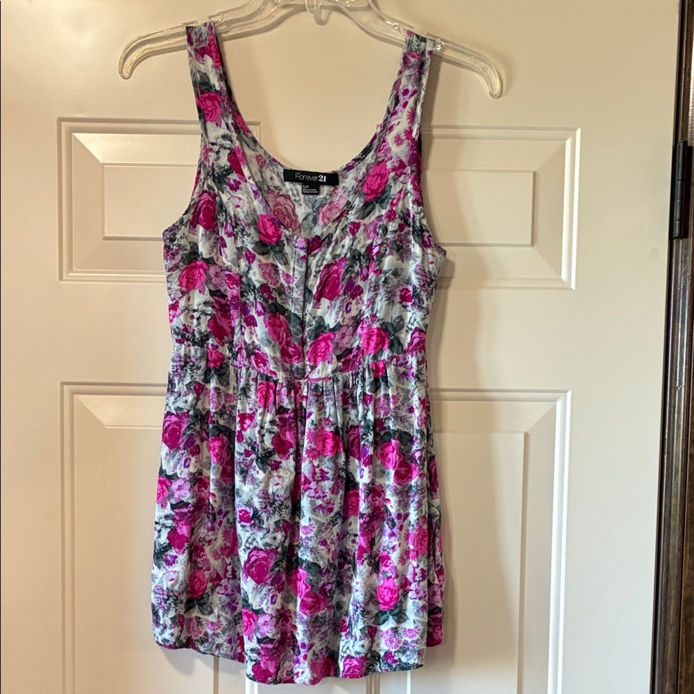 Small Forever 21 Pink and Gray Floral Flowy Gathered Waist Tank Top